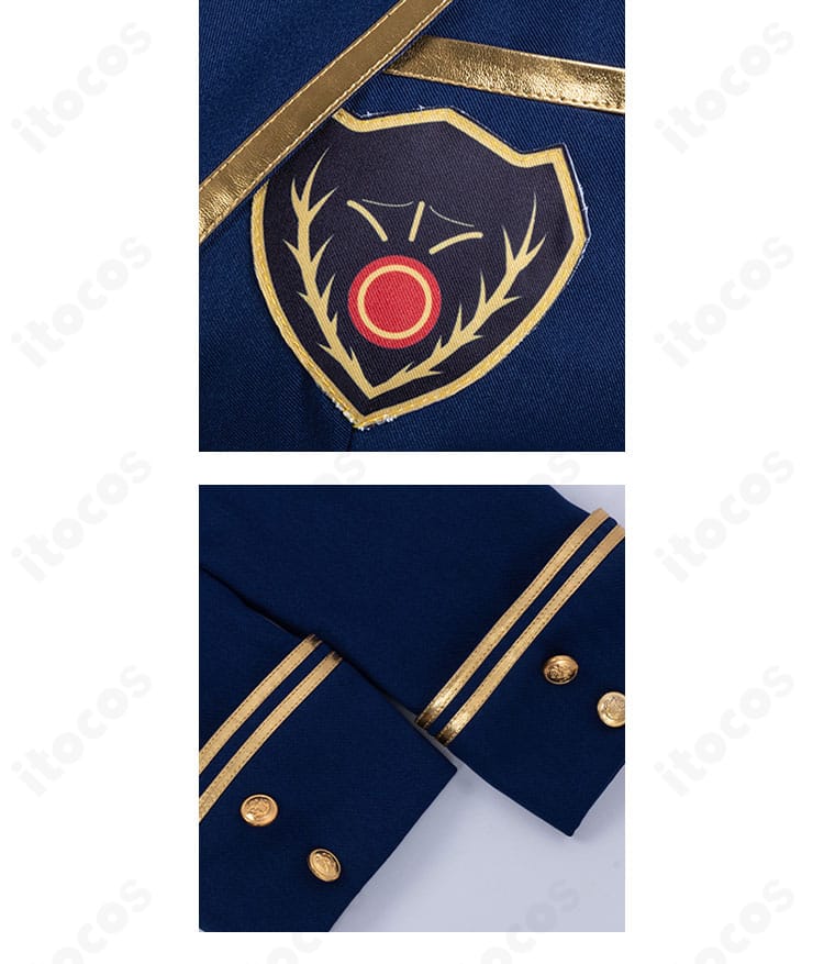 外套の胸章エンブレムと袖口装飾の詳細。キャラクターの象徴要素を忠実に表現。