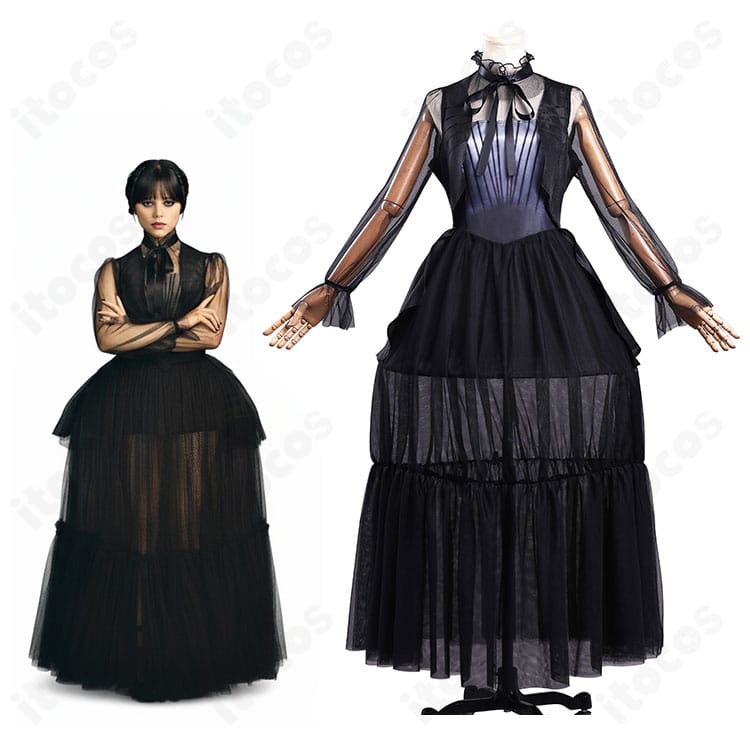 ウェンズデー・アダムスの仮面舞踏会ドレス全身イメージ。Rave'Nシーンを意識した高再現コスプレ衣装。