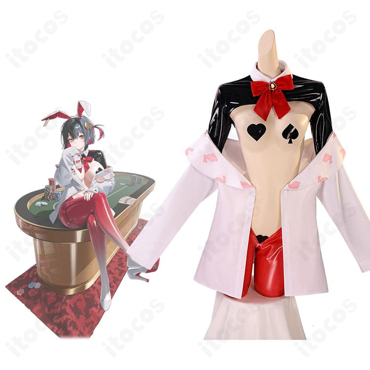 勝利の女神：NIKKE ルージュ アンラッキーラビット逆バニー衣装の全身図。コートとパンツのシルエットを高再現。