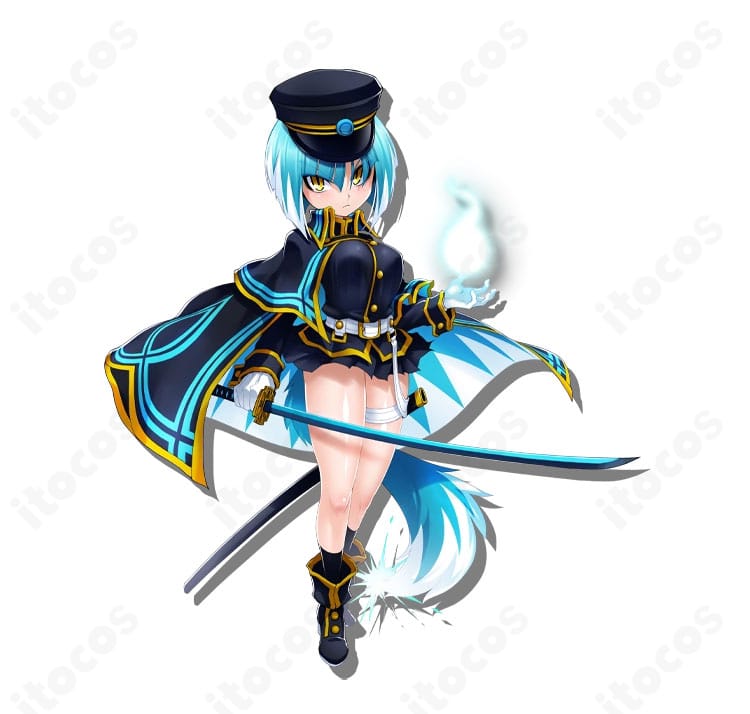 ボンバーガール アサギ 通常衣装の正面全身。シャープな上着ラインとマントでクールな剣士スタイルを高再現したコスプレ衣装。