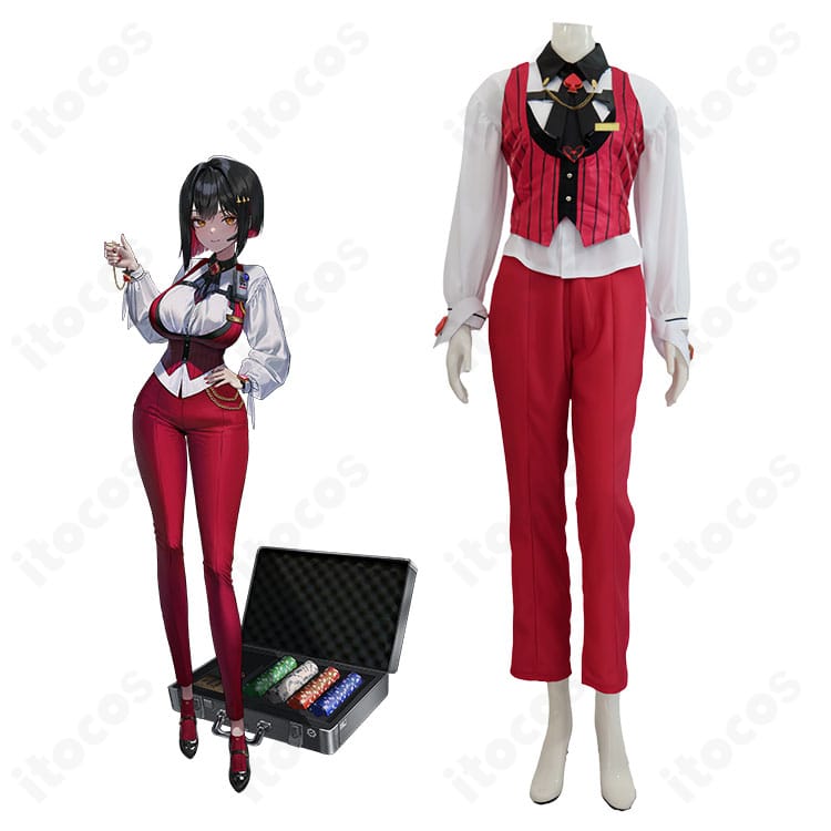 勝利の女神：NIKKE ルージュと通常衣装の全身イメージ。端正なベストと白シャツ、装飾まで高品質に再現したコスプレセット。