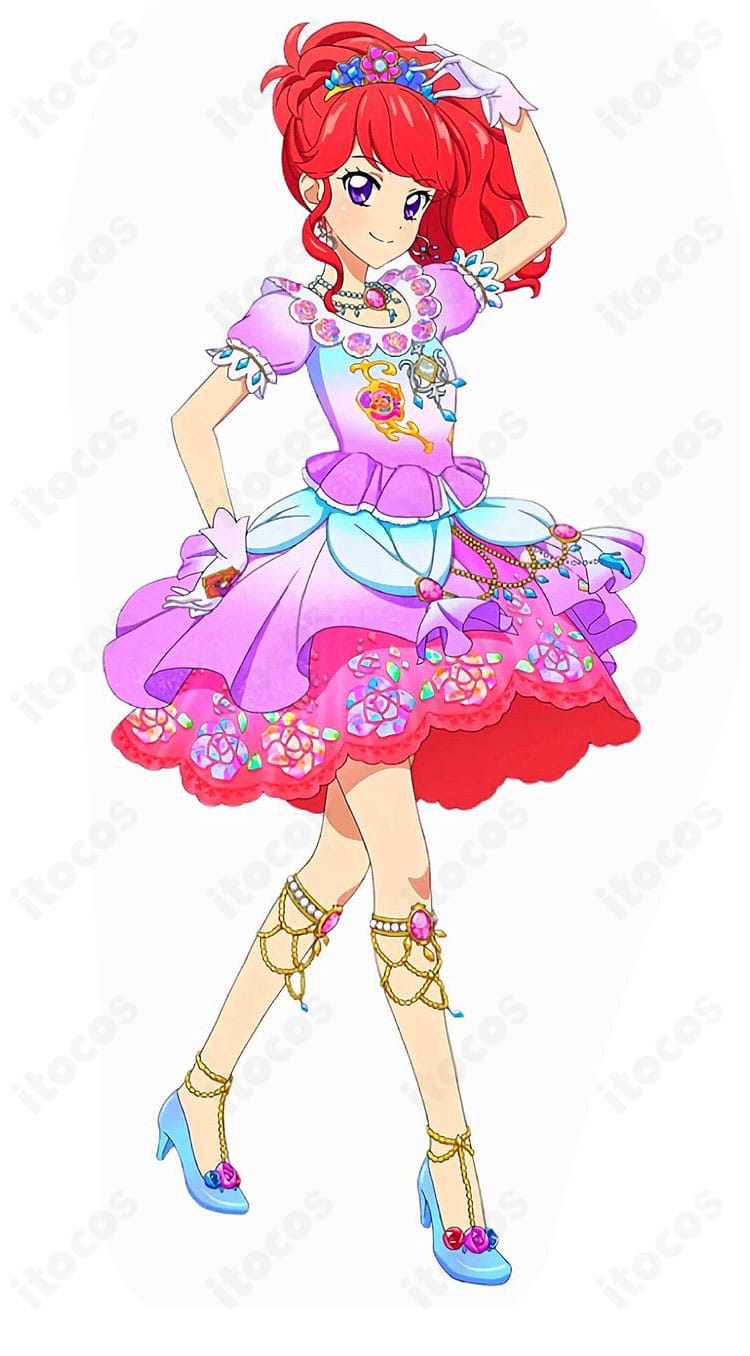 紅林珠璃『情熱の赤いバラ』コスプレドレスの正面全身。深いレッドと薔薇モチーフ、段フリルが映える高再現衣装｜アイカツ！フォトonステージ！！