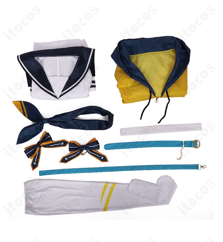 WeatherPlanet 天晴ひなた コスプレのフルセット内容。コート、ワンピース、チョーカー、スカーフ、ベルト、靴下の同梱品を一覧で展示。