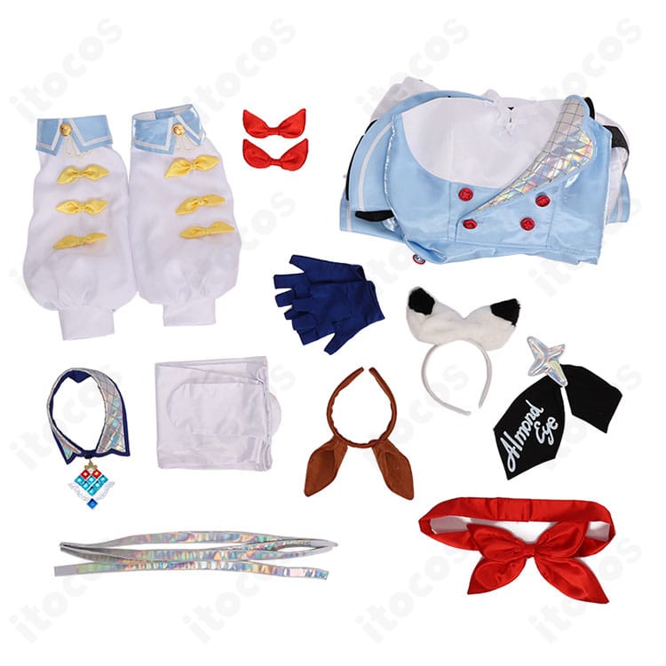 ウマ娘 アーモンドアイ 勝負服コスプレ衣装のセット一式。ワンピース、袖、腰蝶結び、カチューシャ、つけ襟、手袋、靴下、太もも飾り、足蝶飾り、裾飾りを掲載。