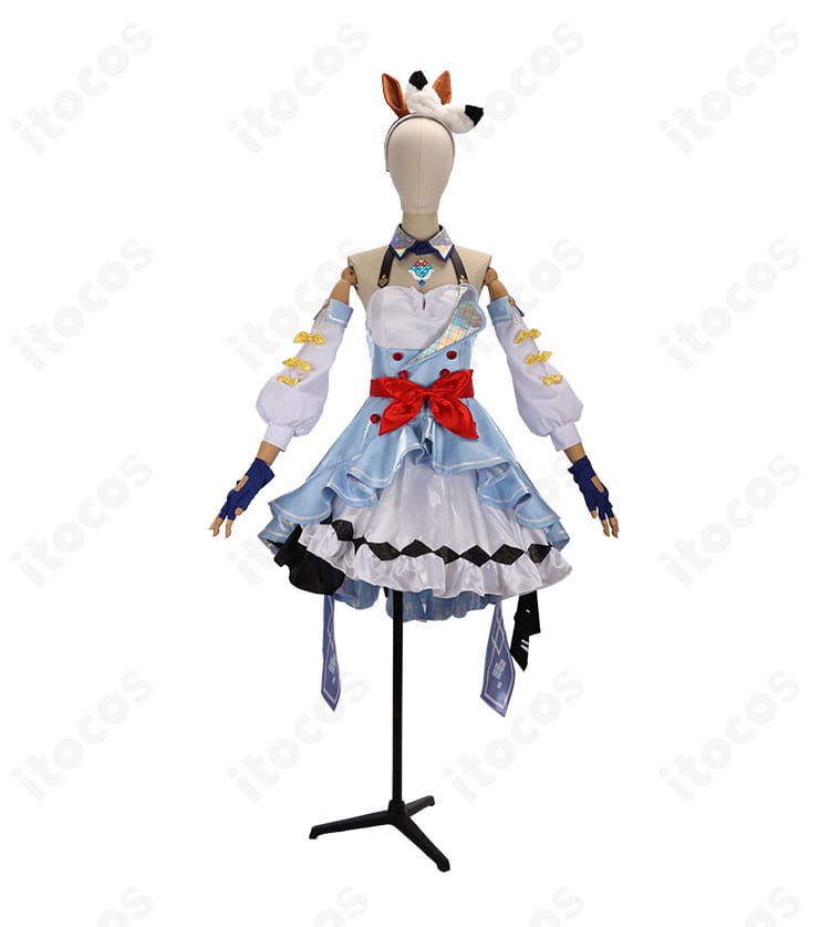 ウマ娘 アーモンドアイ 勝負服のコスプレ衣装・正面図。配色と装飾を高再現で仕上げ、イベントで映えるデザイン。