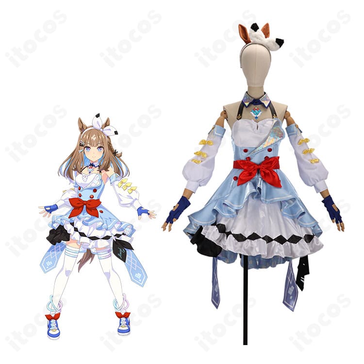 ウマ娘 アーモンドアイの勝負服コスプレ衣装を着用した全身イメージ。気品ある華やかさと完璧主義の雰囲気を再現。