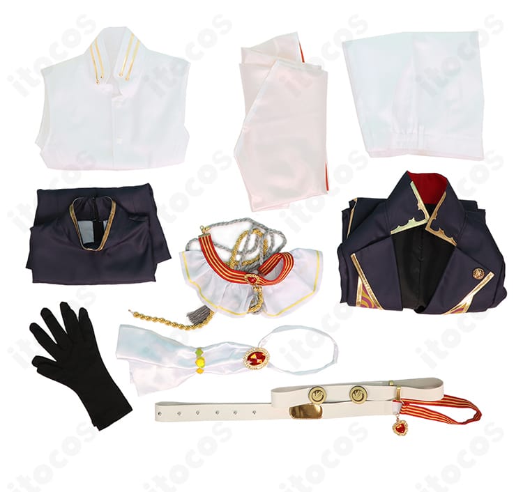 不破湊 コスプレ衣装フルセット内容一式。コート・ベスト・シャツ・マント・手袋・ベルト・スカーフを並べて表示