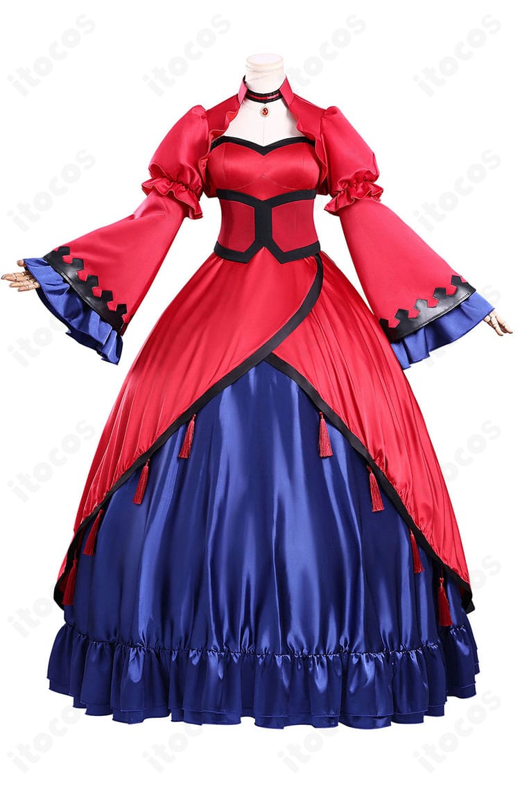 エリスの聖杯 スカーレット・カスティエル 赤のドレス 正面全体図。高品質生地と均整の取れたシルエットを確認できる画像。