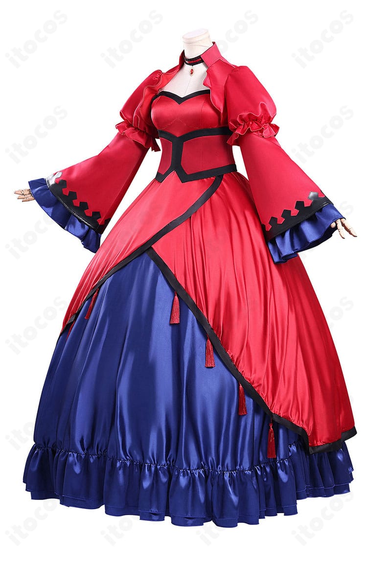 スカーレット・カスティエル 赤のイブニングドレス 側面図。ウエストから裾へ流れる美しいラインが強調された写真。