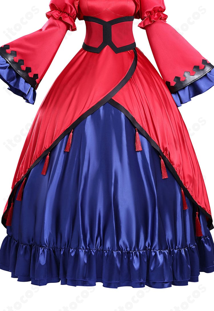 スカーレット・カスティエル 赤のドレス スカート装飾。豪華な装飾と切り替えが際立つスカート部分のディテール。