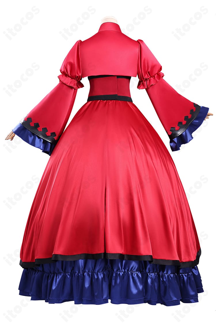 エリスの聖杯 スカーレット・カスティエル コスプレ衣装 背面図。背面装飾とロングヘムのドレープ感がわかるカット。