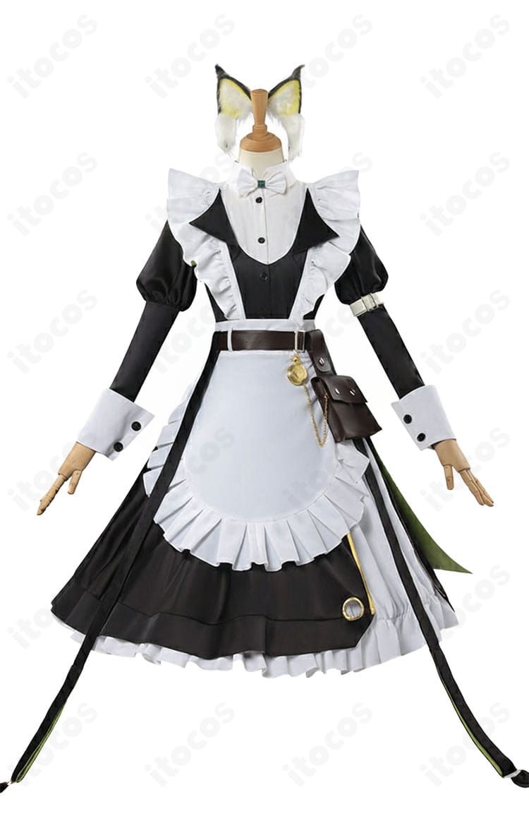 ケルシー「時の足跡」メイドコスプレ衣装の正面全体。高品位な生地感と端正なシルエットが分かるカット。