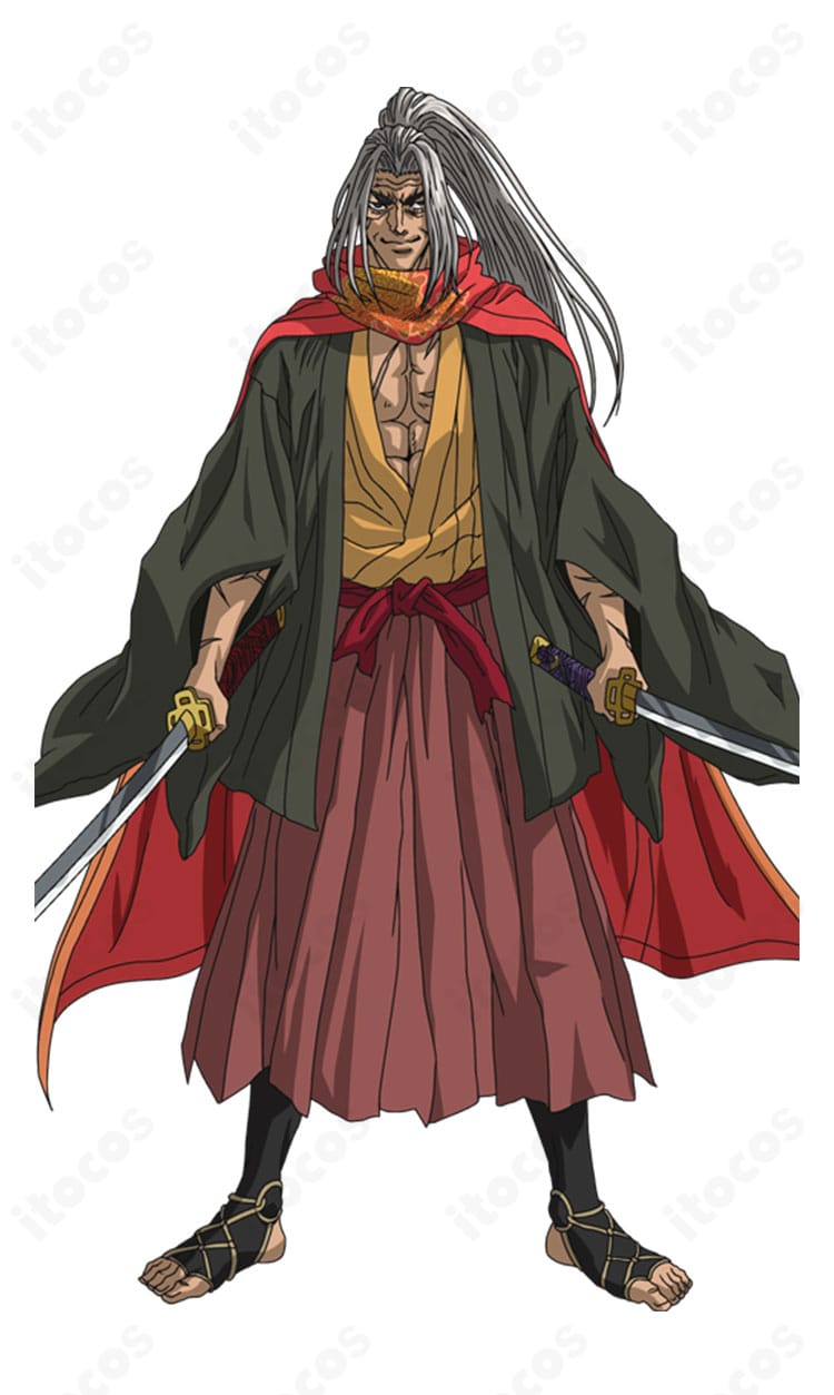 終末のワルキューレ 佐々木小次郎の花柄羽織と袴コスプレを着用した全身イメージ。赤橙の模様が映える和装で、高再現のシルエットと撮影向きの仕上がり。