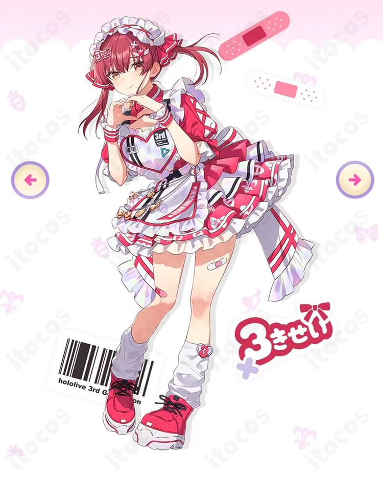 ホロライブ3期生・宝鐘マリン『よくばり電脳ガール』MVコスプレ衣装の全身。王道アイドル風シルエットと高発色が映える着用イメージ。撮影会・イベント向け。