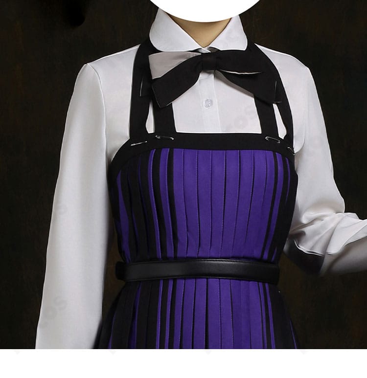 イーニッド制服スカートの装飾ディテール。紫×黒ストライプとプリーツの表情が分かるクローズアップ。