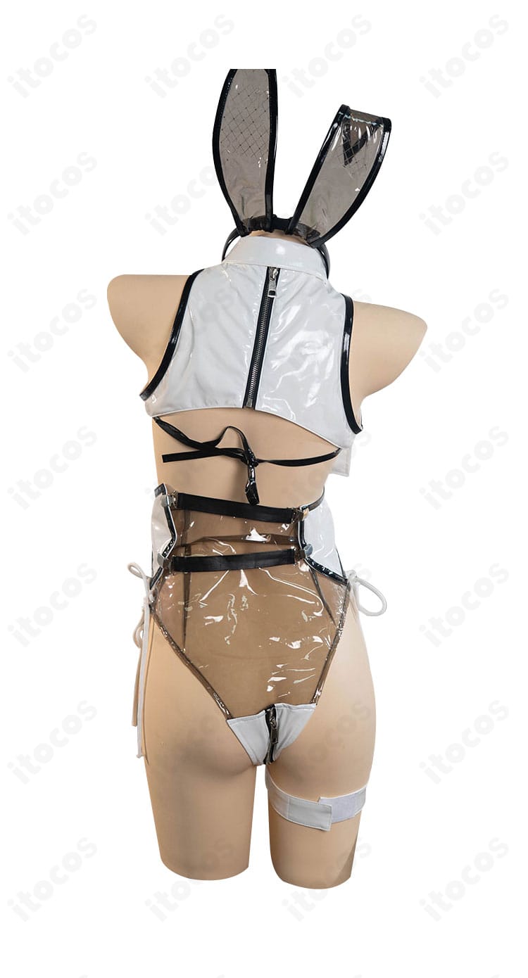 勝利の女神：NIKKE ベイ ラディアントラビット 衣装の背面全体図。背面開閉部と装飾配置を確認できる画像。