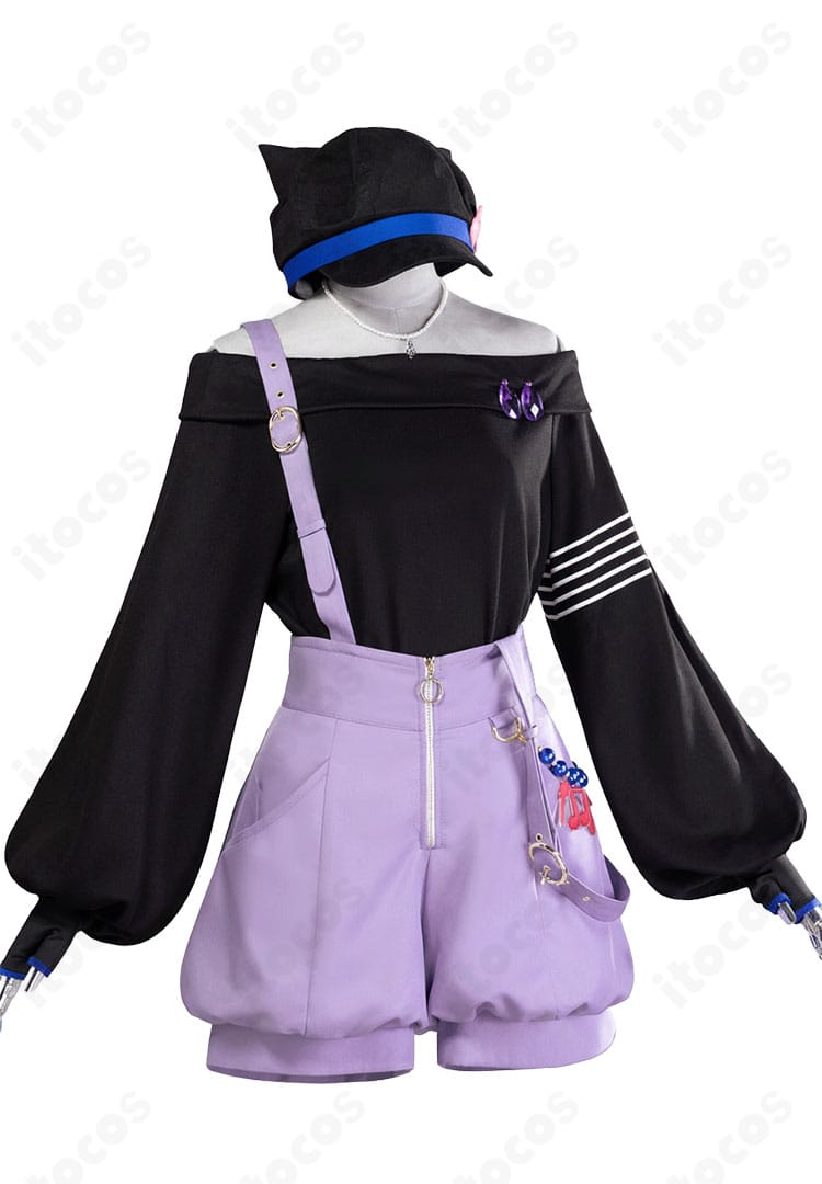 白石杏 feat.メロディっち コスプレ衣装の正面全体。トップスとオーバーオール、アクセの配置バランスが分かる。