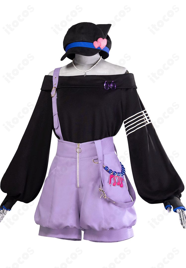 白石杏 feat.メロディっち 衣装の側面ディテール。ストリート感のあるラインと配色切替、装飾の立体感を強調。