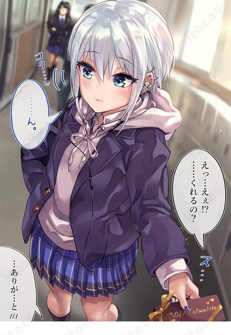 「オタクだってギャルと恋したい」制服コスプレ衣装のディテール全体図。コートやスカート、スカーフまでの配色バランスを確認できるトータルセット。