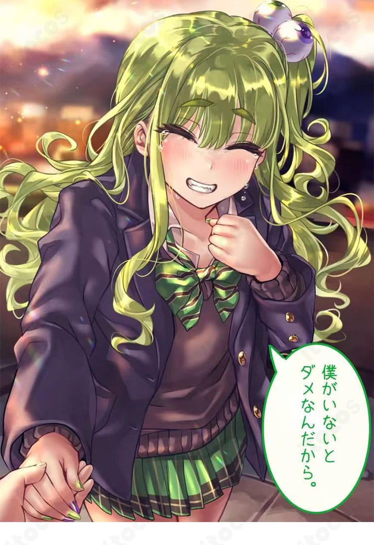 「オタクだってギャルと恋したい」制服コスプレ衣装の全身ビジュアル。ブレザー×スカーフ×スカートにコートを合わせた、ギャル系の明るい学園スタイル。