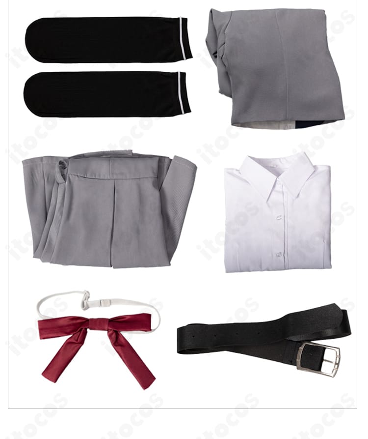 陽見恵凪 コスプレ衣装フルセット内容。コート・シャツ・ワンピース・リボン・ベルト・靴下を並べた展示イメージ。