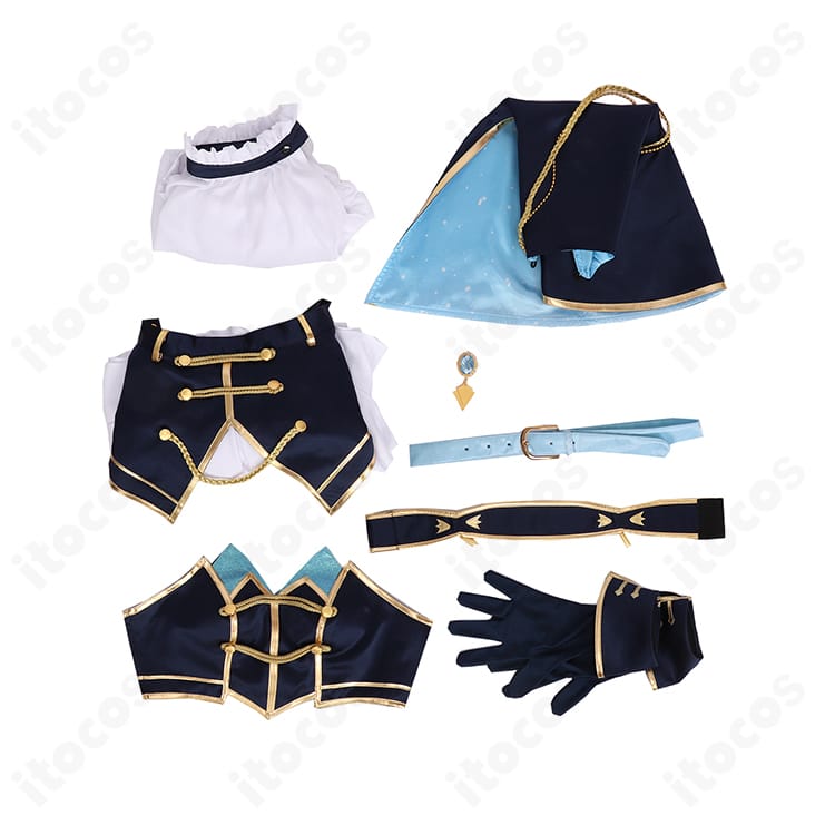 アルス・アルマル 7th OVERTURE コスプレ衣装のセット内容展示。ショール・トップス・スカート・手袋・肩飾り・太もも飾り・襟飾りの7点