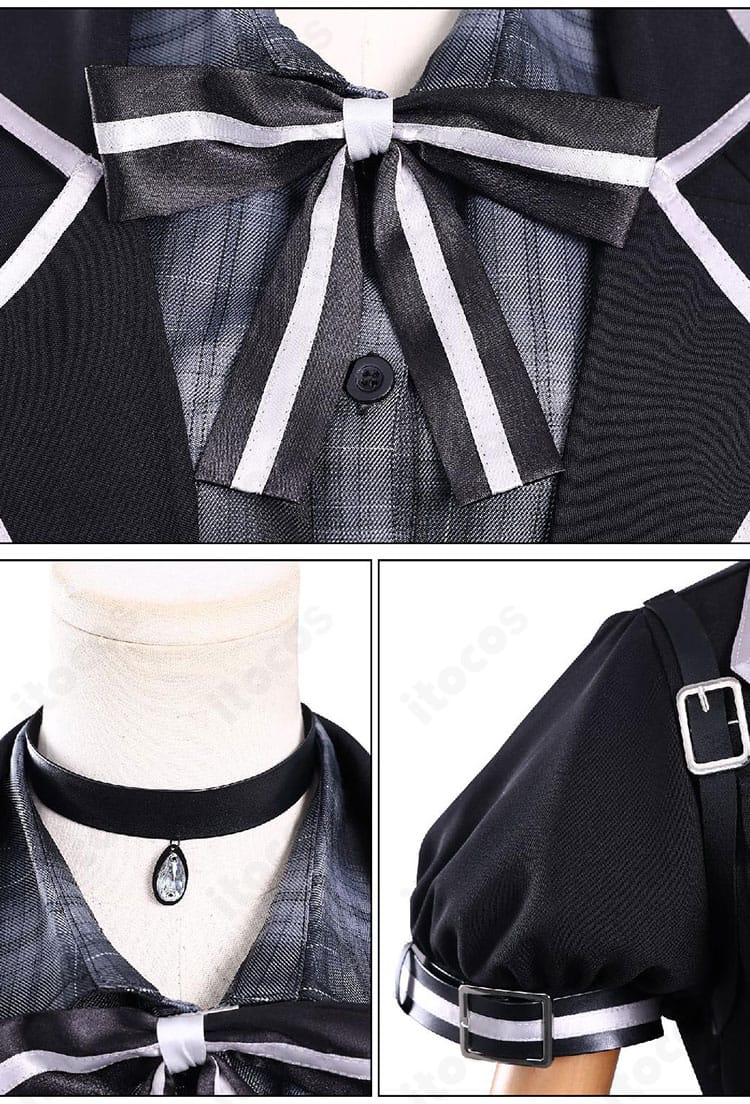 黒部ナノカ コスプレ衣装の蝶ネクタイ・チョーカー・肩飾りの近接。アクセサリーの質感と配置バランスを精密に再現。