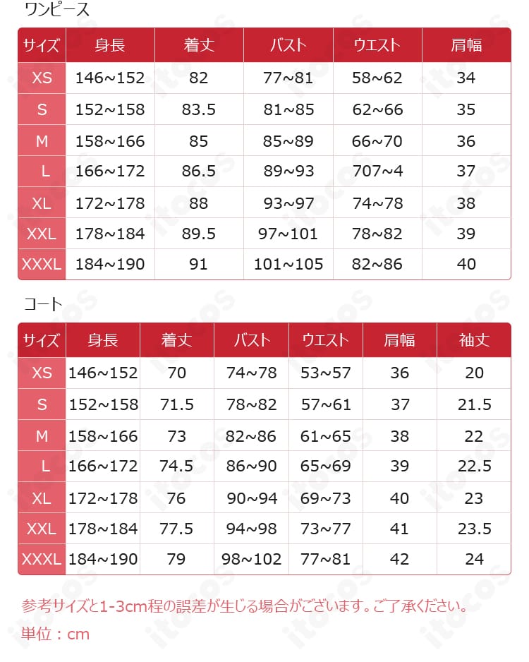 黒部ナノカ コスプレ衣装のサイズ表。XS〜XXXLまでの豊富なサイズ展開で体型に合わせて選べる。