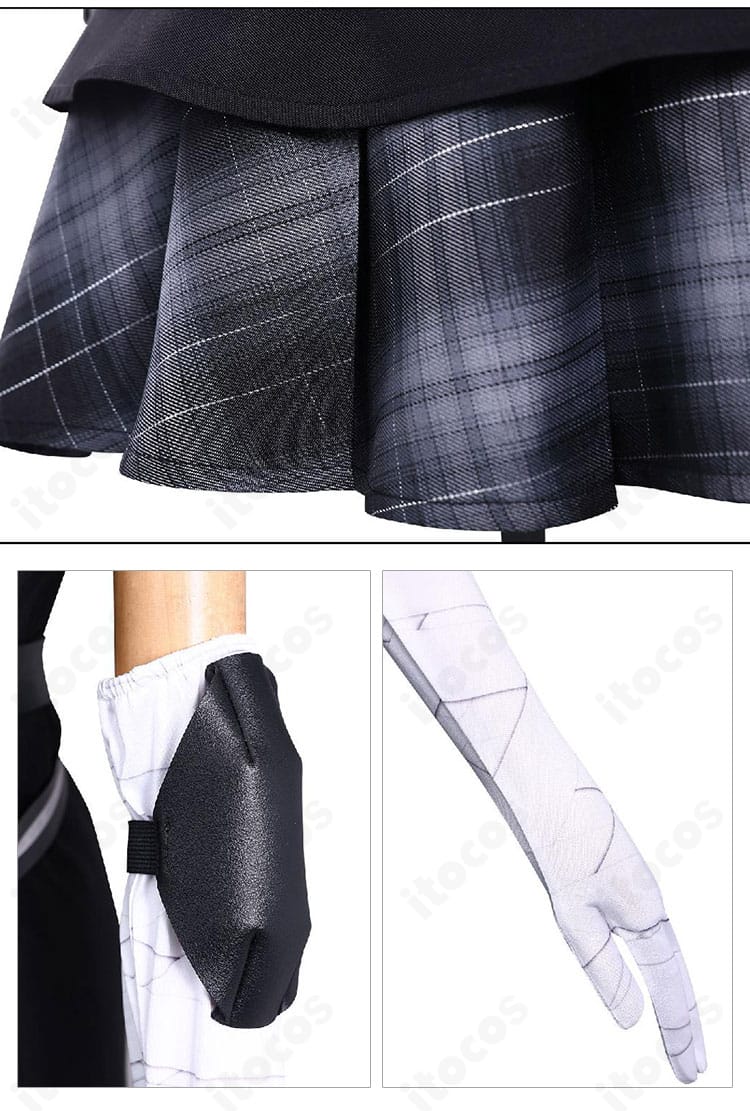 黒部ナノカ コスプレ衣装のチェック柄スカートとポーチの近接。実用性とデザイン性を両立した構成。