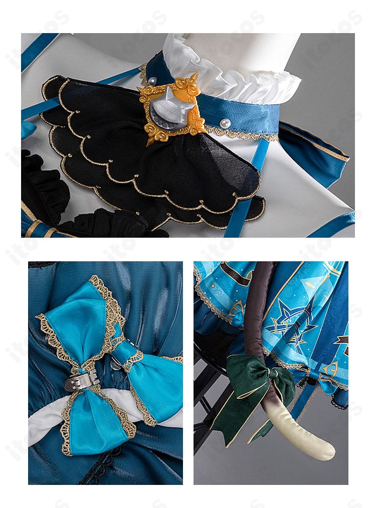 原神 リネット コスプレ衣装の首飾り・髪飾り・尻尾など小物ディテールのクローズアップ。質感と意匠を確認できるカット。