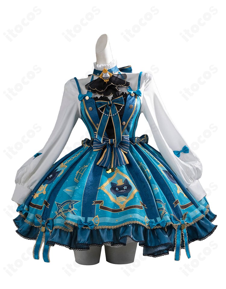 原神 リネット カフェ in ソウル コスプレ衣装の正面全身図。ワンピースと胸元リボン、つけ襟の配置まで丁寧に再現。