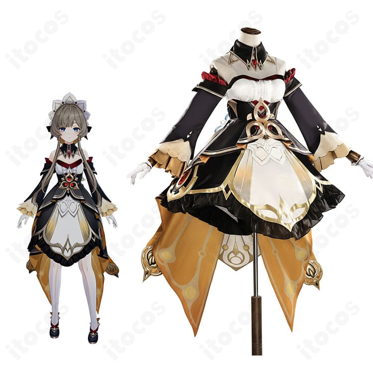 原神 サンドローネ（人形）コスプレ衣装の全身図。ファトゥス執行官の冷たい美しさを高再現したエレガントなドレスセット。