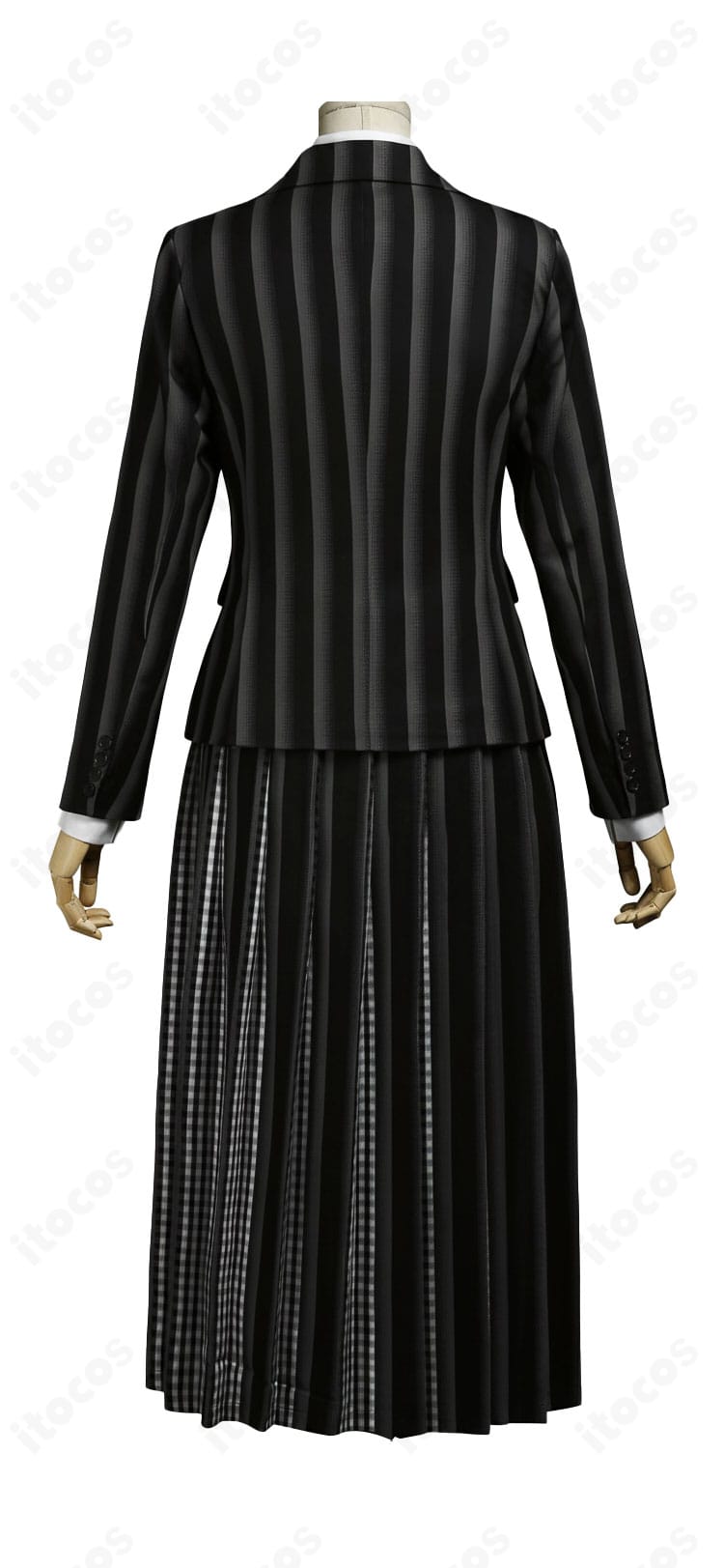 ウェンズデー・アダムス 制服S2 バック装飾詳細｜ジャケット背面とスカートプリーツの丁寧な縫製