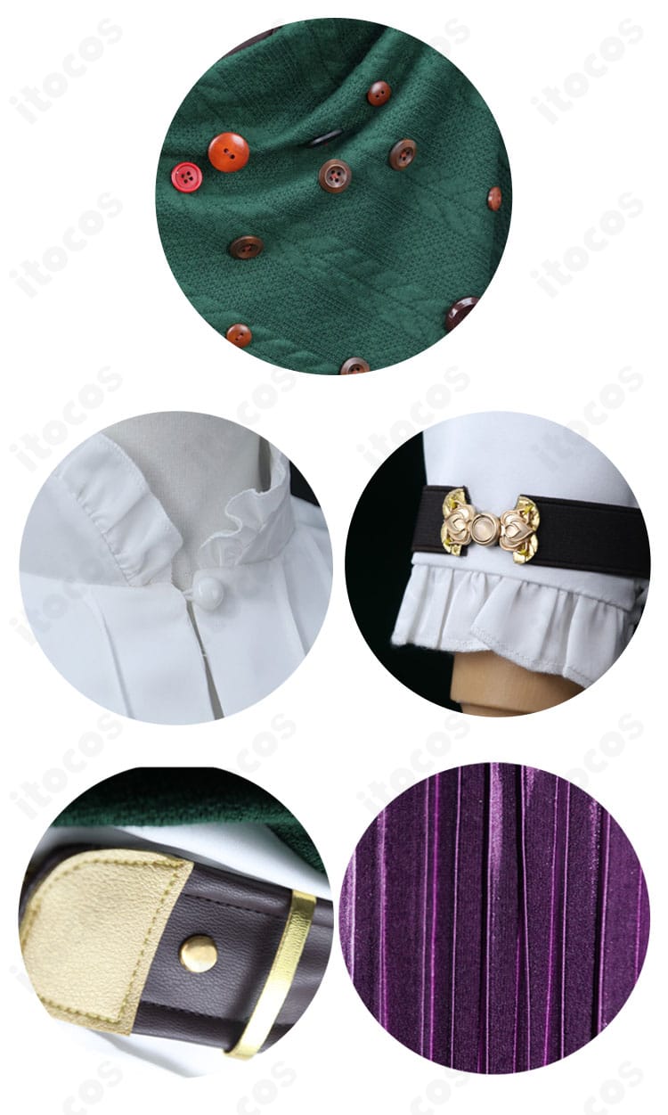 ガロファノ衣装の装飾パーツ細部。花飾りと手首飾りの質感と縫製を示すクローズアップ