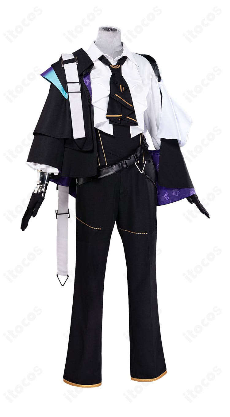 アークナイツ シャレム衣装 側面ビュー。立体裁断によるシャープなシルエットと肩飾り・チェーンの造形が映える。