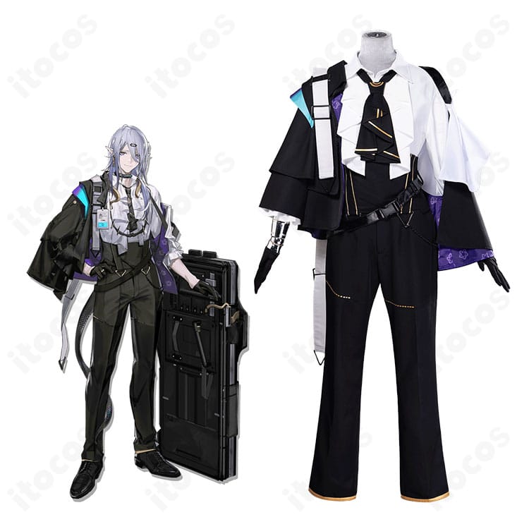 アークナイツ シャレムのコスプレ衣装一式とキャラクターイメージ。重装感ある戦術制服を高再現した全体図。