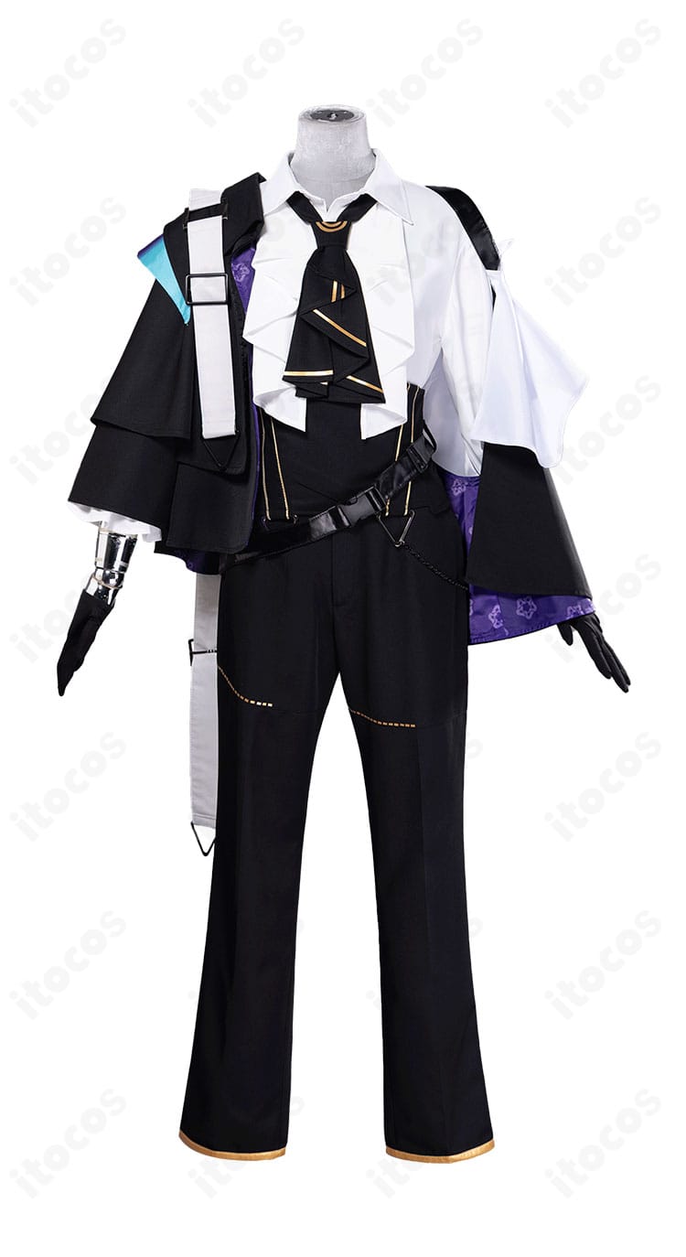 アークナイツ シャレム衣装 正面全景。コートとコルセットベルト、タイの配置まで忠実に再現した高品質コスチューム。