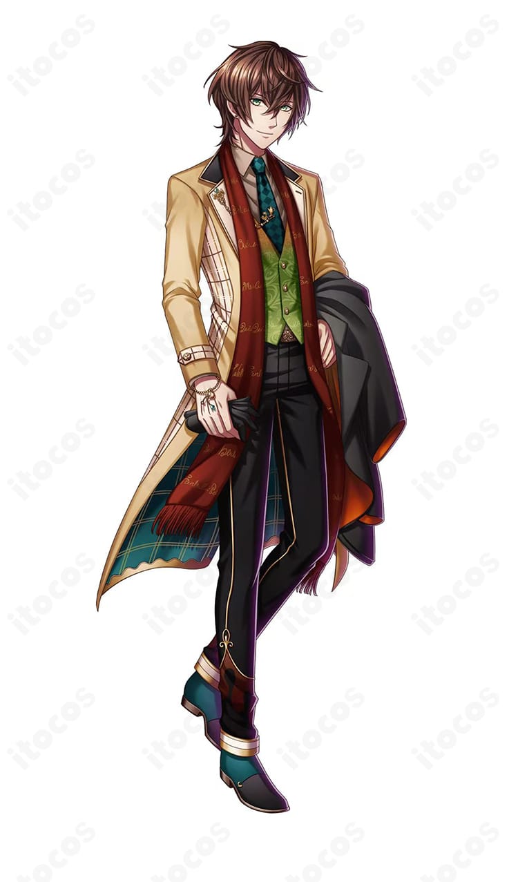 夢王国と眠れる100人の王子様 ジョシュア「君のチョコは誰のもの？」王子礼装の全身コーデ。ITOCOS製、コート・ベスト・シャツ・ネクタイ・ズボン・手袋・マフラーのセットで上品な佇まいを再現。