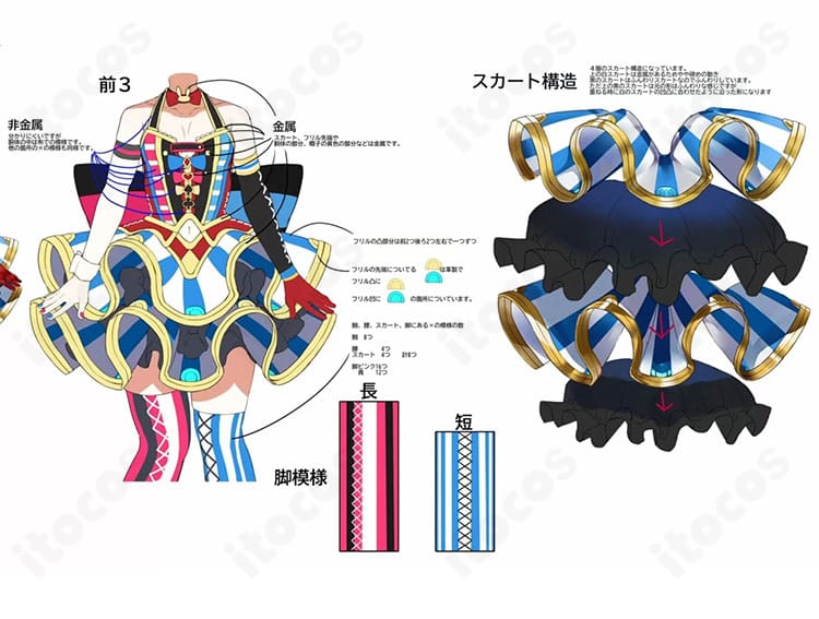 ホロライブ 尾丸ポルカ 初期衣装コスプレの装飾ディテール。リボンや柄、腕飾りの立体感と素材感を強調し、色分けの再現度を示す近接写真。