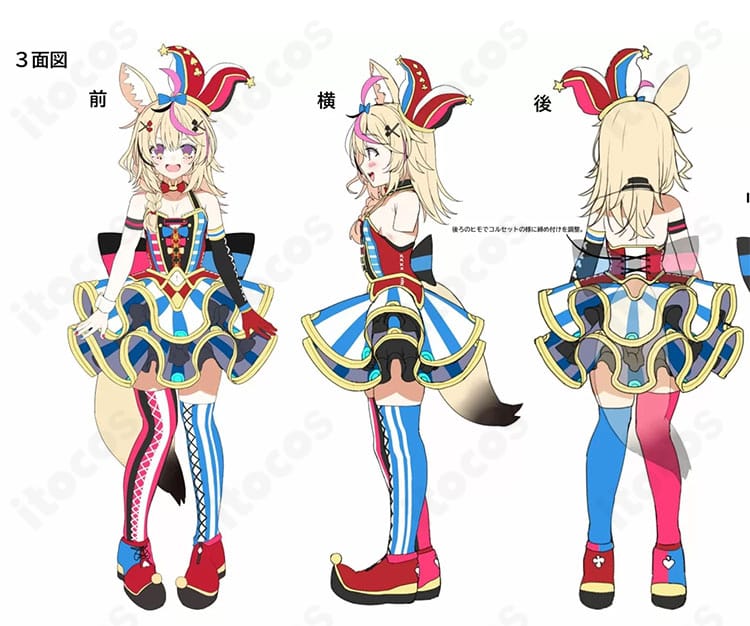 ホロライブ 尾丸ポルカ 初期衣装コスプレの全身コーデ。帽子から背部の大きな蝶結びまで、サーカス風の配色とシルエットを高再現。