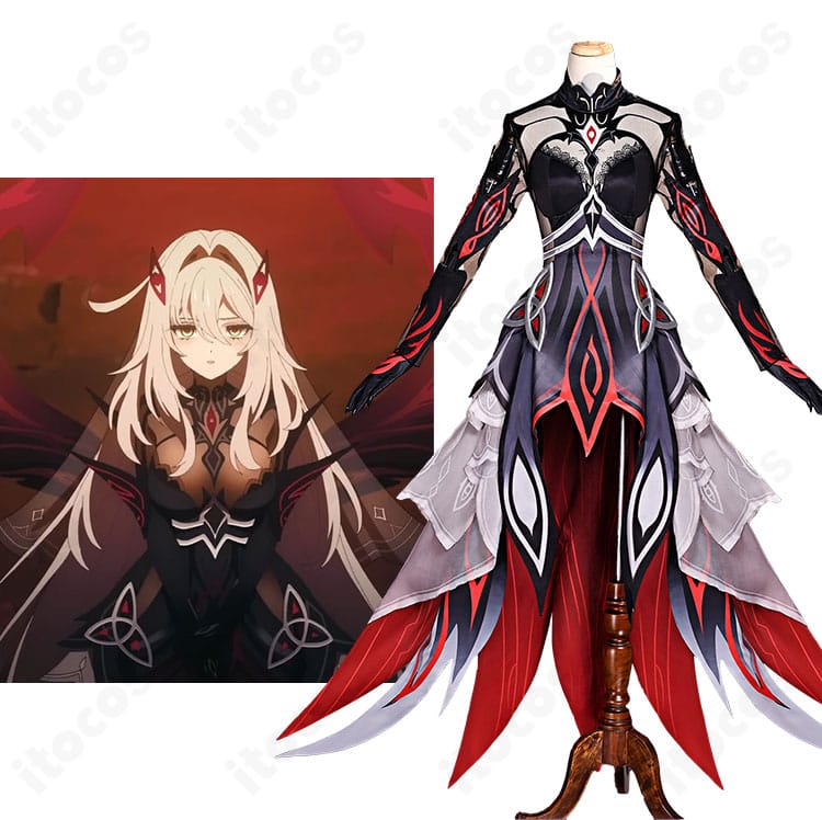 原神 ロノヴァ 死の執政 コスプレ衣装の全身イメージ。冷静で神秘的な雰囲気と深紅×黒の配色を高再現。イベントや撮影向け。