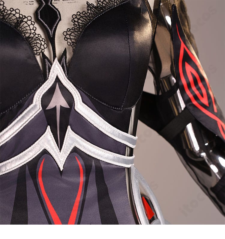 原神 ロノヴァ 死の執政 コスプレ衣装の襟元図案装飾。深紅と黒のコントラストが映えるデザインポイント。