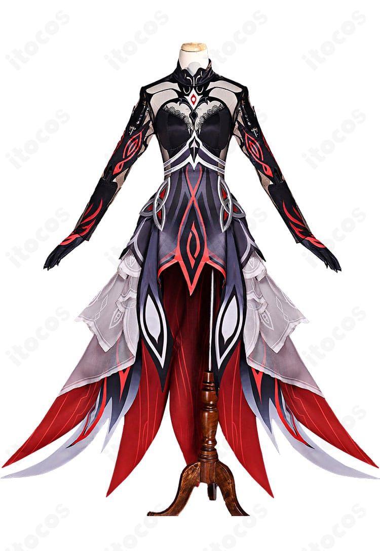 原神 ロノヴァ 死の執政 コスプレ衣装の正面図。ワンピースとベールを含む高品質フルセットのシルエットを確認。