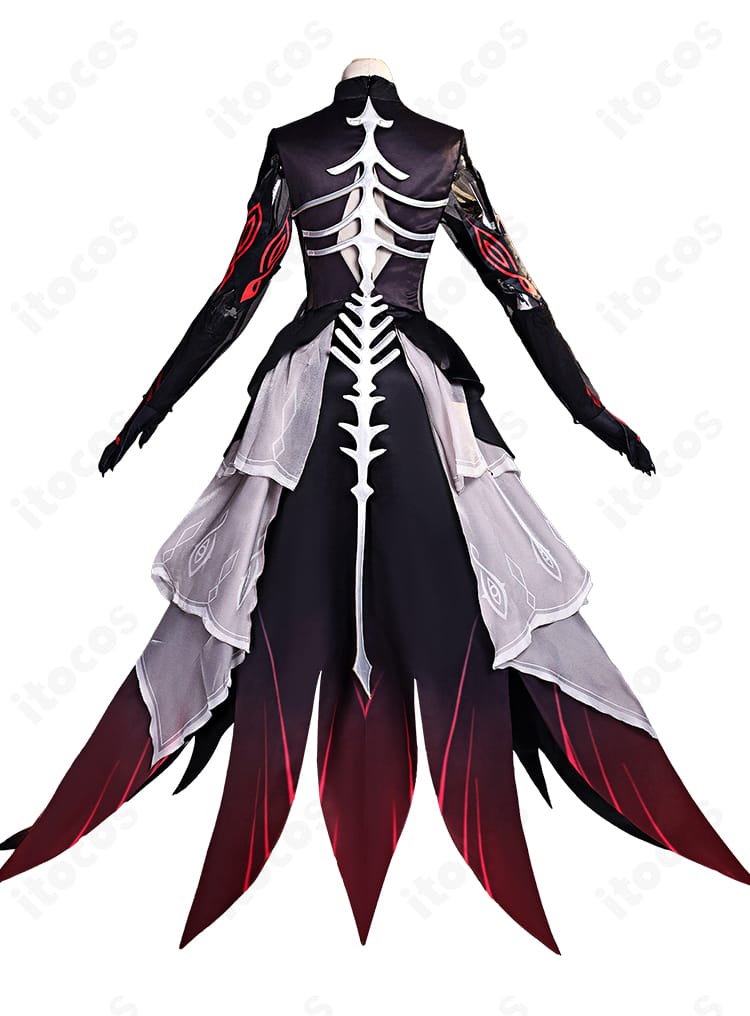 原神 ロノヴァ 死の執政 コスプレ衣装の背面図。背中まで美しいラインと重厚な装飾を再現したデザイン。