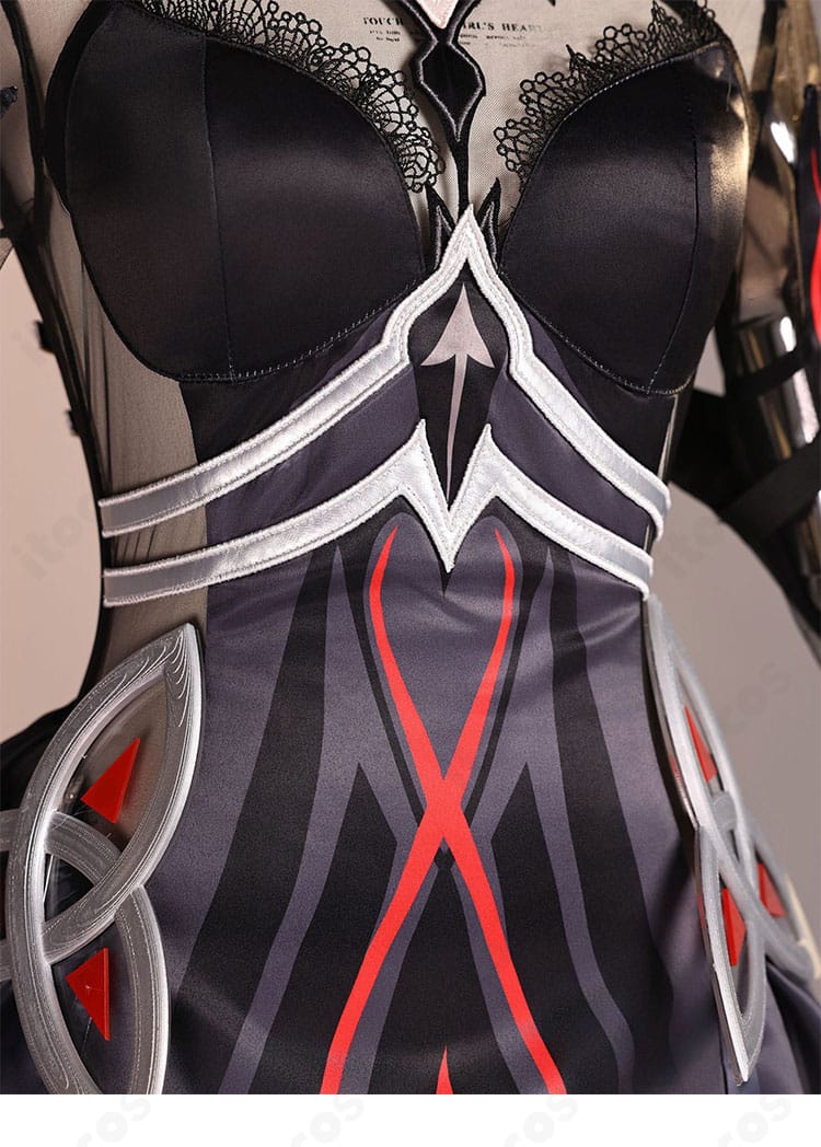 原神 ロノヴァ 死の執政 コスプレ衣装の衣襟ディテール。繊細な刺繍風ラインと装飾の作り込みがわかる。