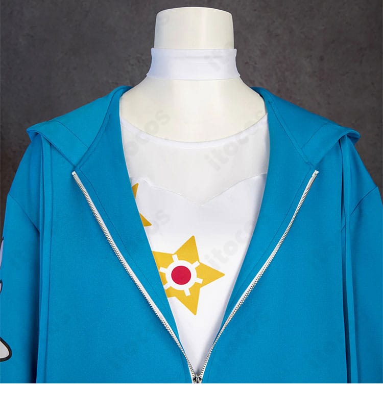 デウロ 衣装の襟元クローズアップ。首元のデザインとアクセサリーの質感を詳細に表現。