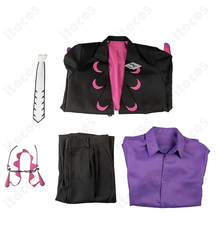 カラスバ コスプレ衣装のセット内容展示。シャツ・ズボン・ネクタイ・メガネが揃うフルセット。