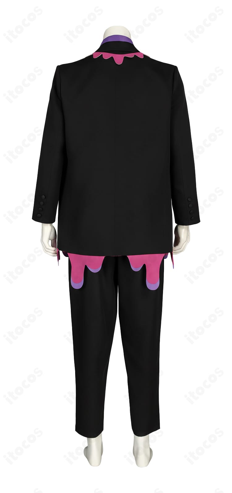 ポケットモンスター レジェンズ Z-A カラスバ コスプレ衣装の背面。背中の装飾配置と裾の落ち感を詳細表示。