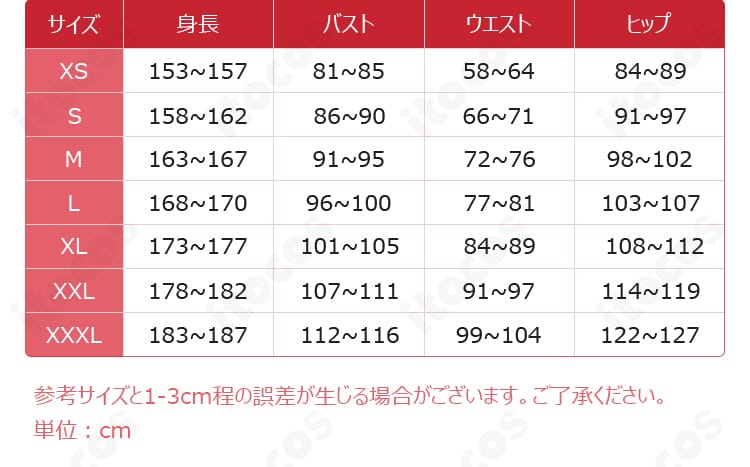 原神 コスプレ衣装 サイズ表。S〜XXLの各寸法を比較でき、適切なサイズ選びに役立つ画像
