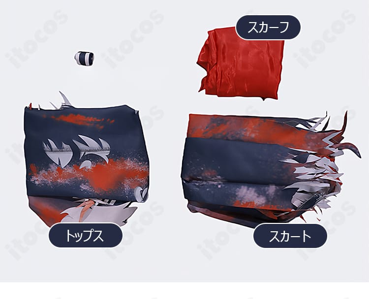 原神 コスプレ衣装 セット内容一覧。トップス・スカート・スカーフの3点構成を並べて紹介